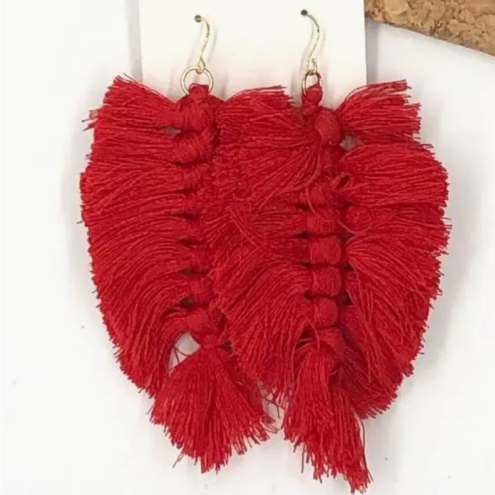 Red Macrame Leaf Earrings